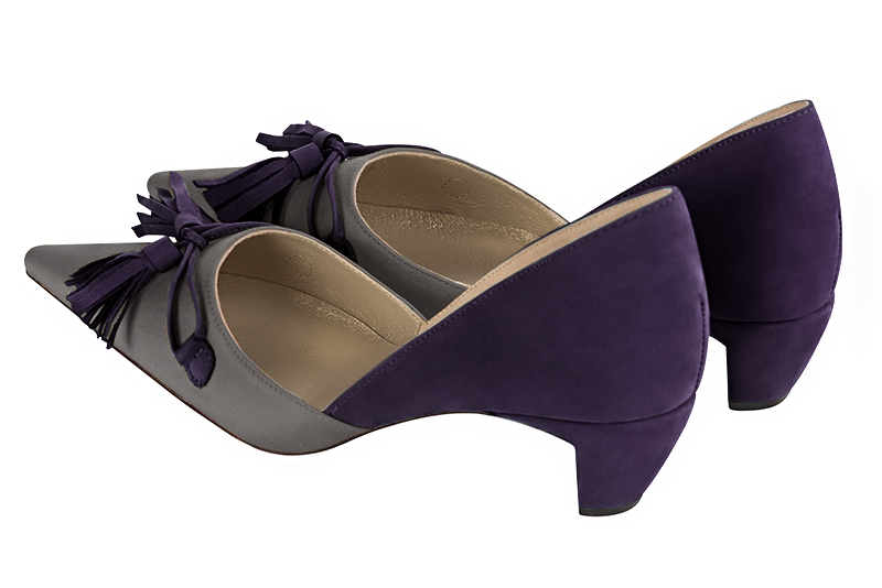 Ash grey and amethyst purple women's open arch dress pumps. Pointed toe. Low comma heels. Rear view - Florence KOOIJMAN